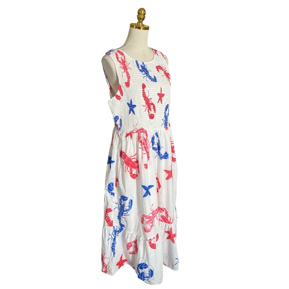 J.Crew Women’s XL Lobster Print Smocked Tiered Sleeveless Coastal Vacation Dress - Picture 6 of 11